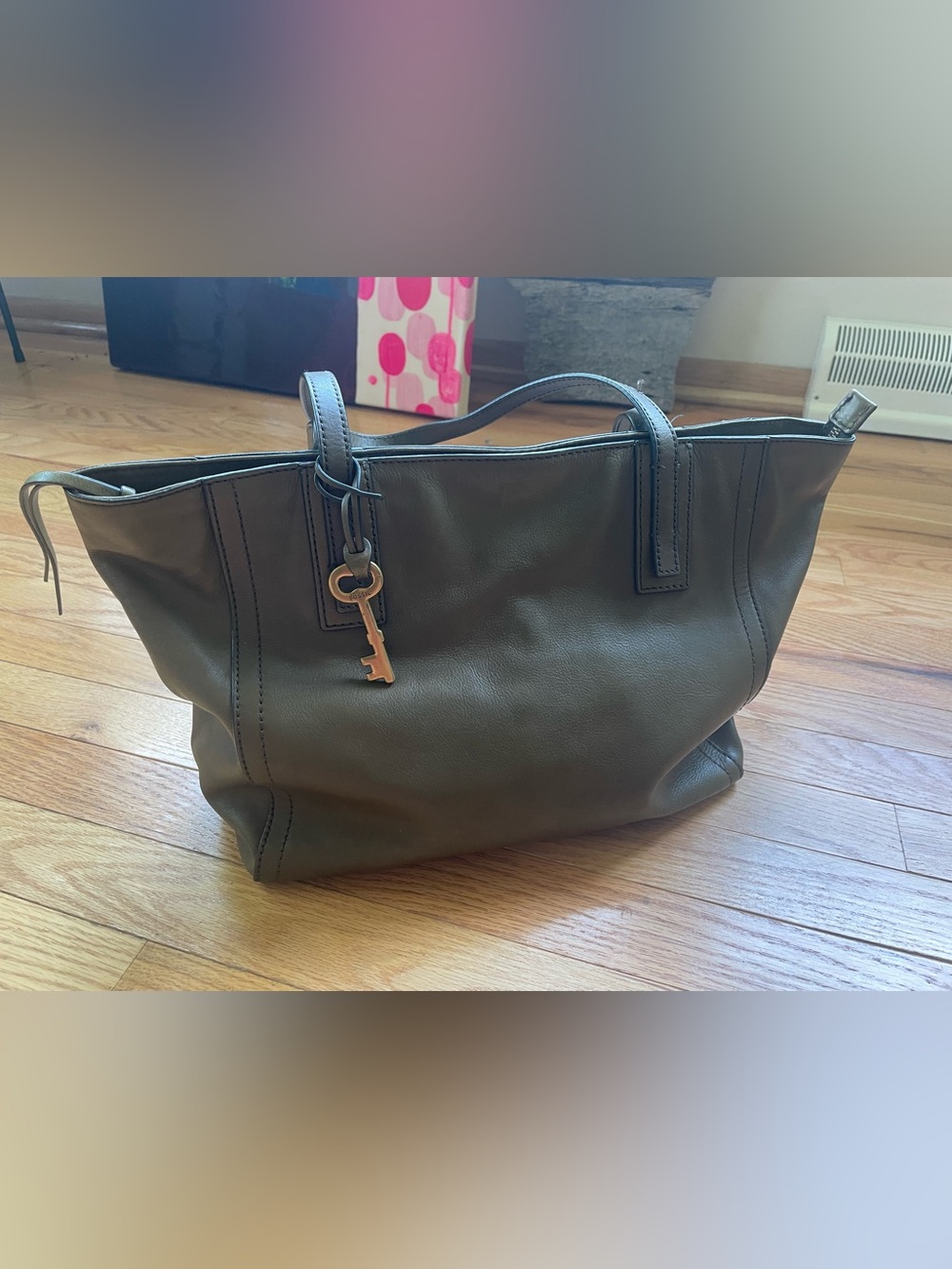 Fossil Olive Leather Double-Handle Tote with Key Charm “Emma Tote”